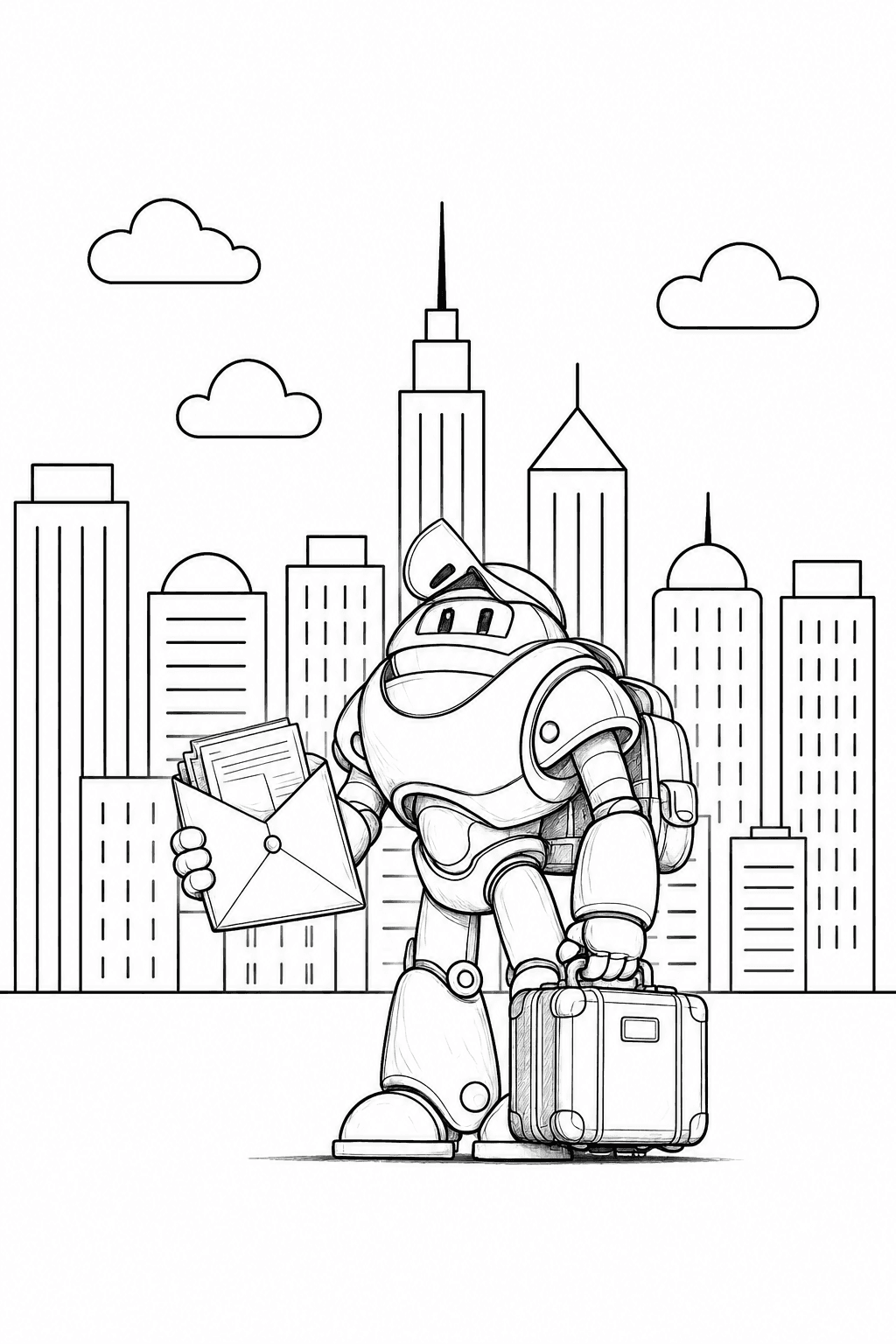 Robot holding an envelope of documents and a suitcase in front of a city skyline